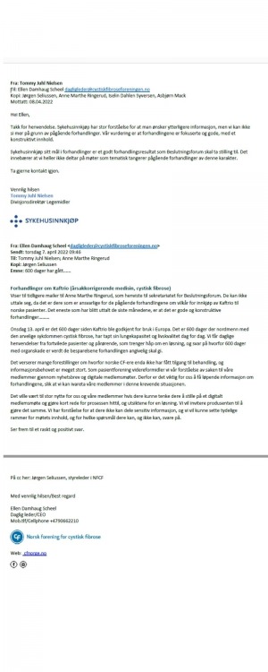 Epostkorrespondanse CF foreningen og Sykehusinnkjop 7 og 8 april 2022